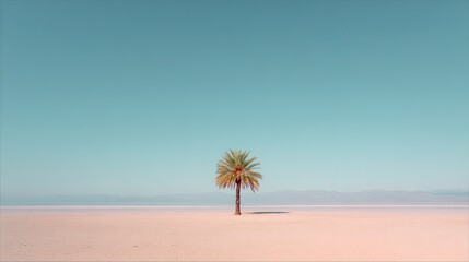 Obraz premium Minimalist photograph of isolated palm tree in pink desert dunes under clear blue sky, with soft textured sand contrasting bright pastel colors, lone figure in vast surroundings.