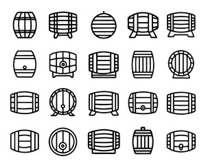 Thin line art wooden barrel icon isolated on transparent background