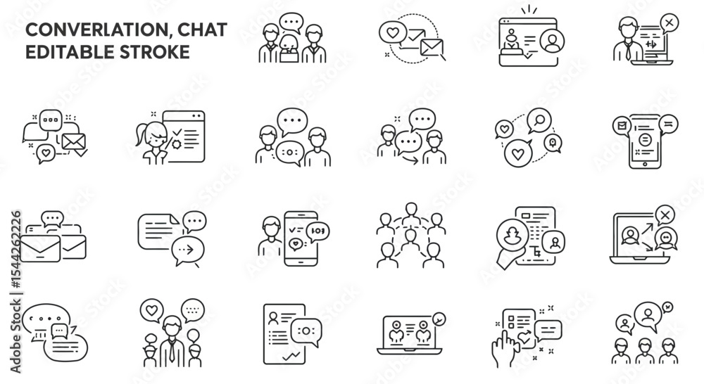 Poster conversation and communication icons set, editable stroke vector collection