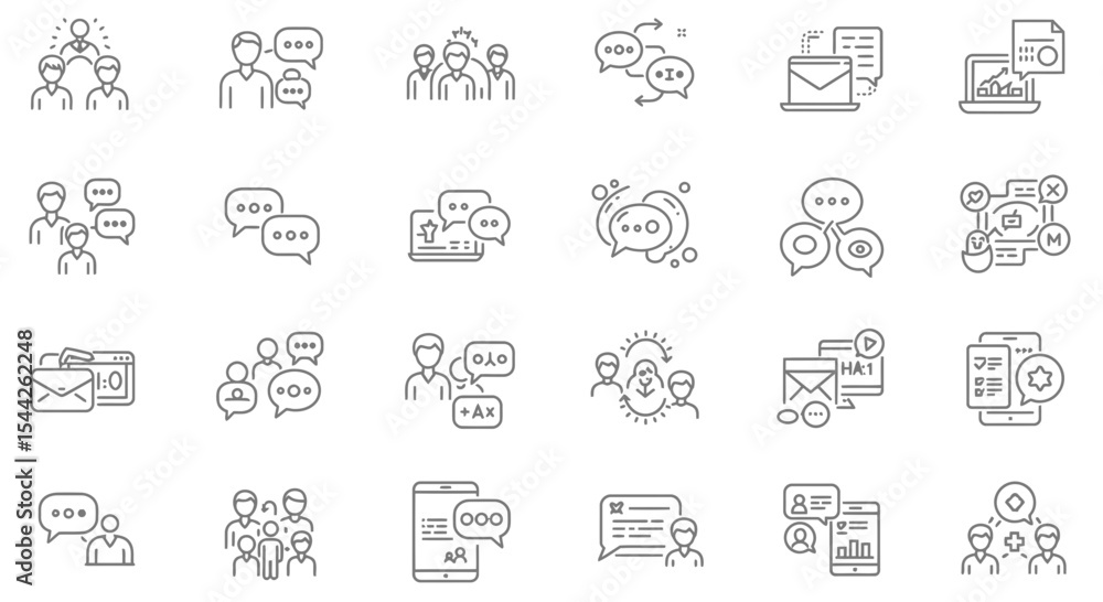 Poster line icons representing communication methods and collaborative team work concepts