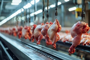 Fresh Chicken Hanging on the Conveyor Rail Enters the Spray Cleaner Housing in Modern Poultry Plant