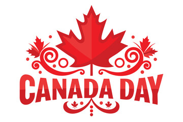 Stylized Canada Day Logo with Maple Leaf, Scrolls, and Red Lettering on White Background