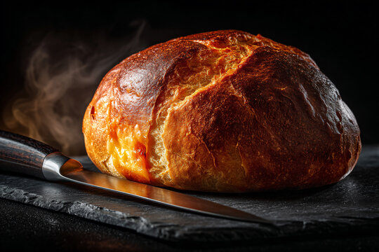 a loaf of bread with a knife on a table