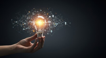 hand holding a light bulb digital network. New ideas, business innovation. 4k ultra realism, copy space.