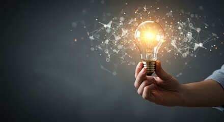 hand holding a light bulb digital network. New ideas, business innovation. 4k ultra realism, copy space.