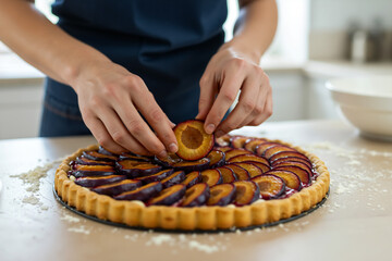 Person preparing a traditional Luxembourg plum tart. Baker arranging fresh plum slices on a homemade Luxembourgish damson tart Quetschentaart in a kitchen.