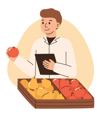 Food safety concept. Man checking food quality. Flat vector illustration.
