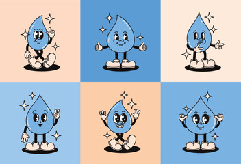 Set of groovy retro raindrop characters. Flat vector illustration.