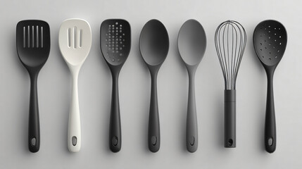 Set of assorted black and white kitchen utensils arranged on gray tabletop