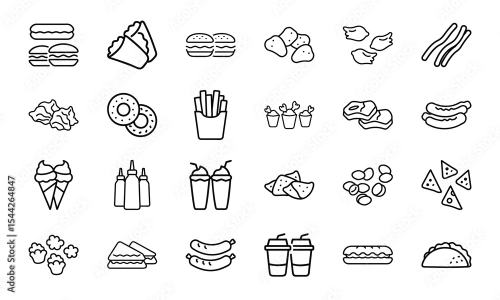 Aufkleber collection of 24 types of fast food icons in a simple outline style for various design projects
