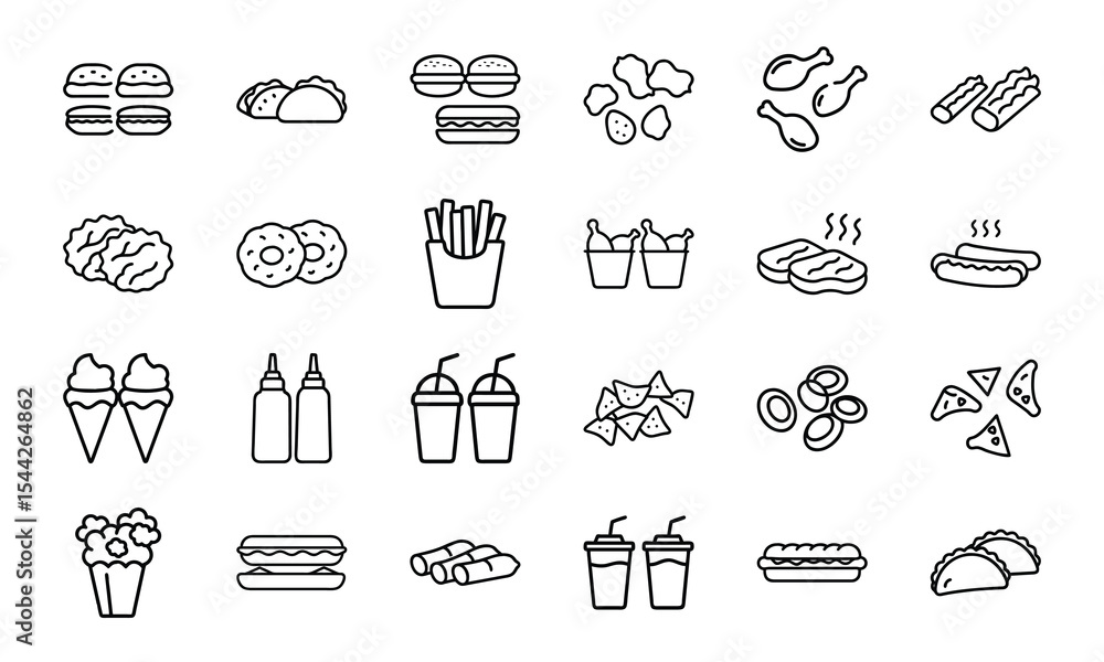 Poster minimalist line art icons of various delicious fast food menu items for design projects