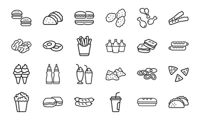 Outline icons representing 24 types of delicious fast food items