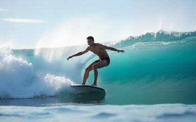 young adult surfing on a big wave in the ocean. High quality
