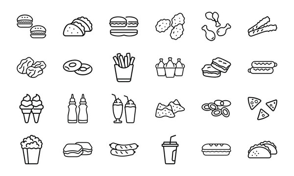 Outline icons representing 24 types of delicious fast food items