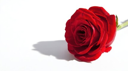 Fototapeta premium Single vibrant red rose with lush tightly-packed petals on stark white background, green stem and leaf visible, soft shadow adding depth, emphasizing vivid color and beauty.