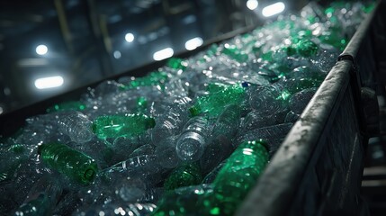 Close-Up of Crumpled Plastic Bottles on Conveyor Belt in Recycling Facility

