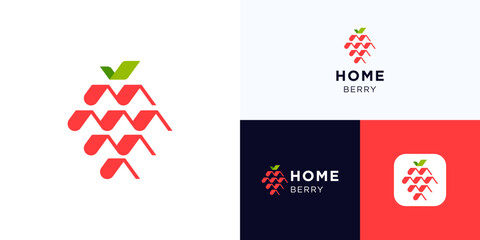 Creative raspberry with house roof concept modern style, logo icon design vector illustration element, Premium symbol fruit with simple red home roof shapes arranged to resemble berry with green leaf © Erips.id