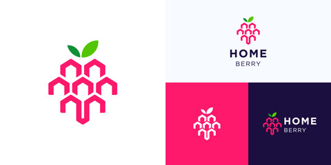 Creative raspberry house building with monoline concept modern style, logo icon design vector illustration, Fruit symbol with home roof construction shapes arranged to resemble berry with green leaf © Erips.id