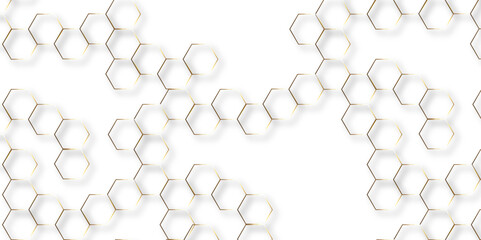 Abstract white background with gold hexagons seamless pattern and geometric in vector design. Futuristic blue neon honeycombs. Modern technology design .Minimal style website banner, decoration .