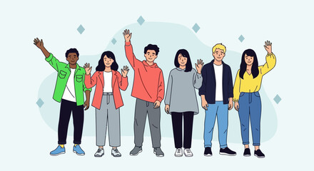 Diverse Group of Young Adults Waving Hands in a Friendly Gesture