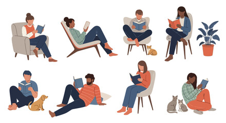 Diverse People Relaxing, Reading Books in Chairs and on Floor, with Pets