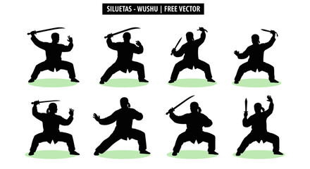 Eight Silhouettes of Wushu Martial Artists in Dynamic Poses with Swords and Daggers