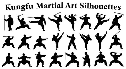 Kung Fu Martial Arts Silhouettes Collection in Dynamic Poses with Weapons