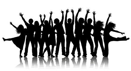 Silhouette of a group of people dancing and celebrating, joyful and energetic poses.