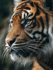 Obraz premium Close-up of a Sumatran tiger showing sharp eyes and detailed fur texture. Captures the wild beauty, strength, and endangered status of this majestic predator in stunning clarity.