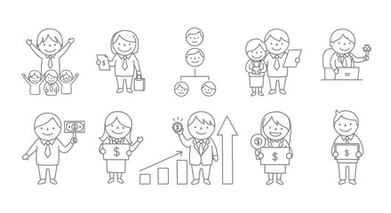 Business People Line Art Icons Set: Finance, Teamwork, and Success Concepts