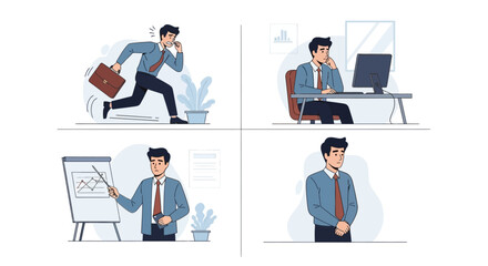 Businessman in Various Situations: Running, Working, Presenting, and Contemplating.