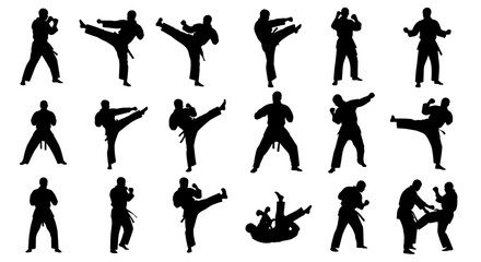 Collection of Black Silhouettes: Martial Artists in Dynamic Poses and Combat