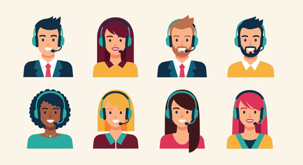 Diverse Customer Service Representatives Wearing Headphones and Smiling