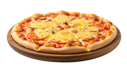 Cheesy Tomato Pizza on Wooden Plate Freshly Baked with Melty Cheese and Tomato Slices