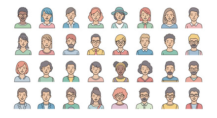 Diverse Group of Cartoon People Avatars with Various Hairstyles, Skin Tones, and Clothing