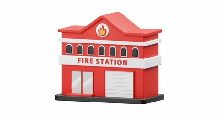 3D illustration of a red fire station building icon with garage doors and windows. 