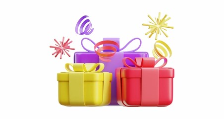 3D illustration of colorful gift boxes with ribbons and confetti. 