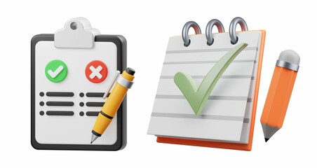 3D illustration of checklist clipboard and spiral notebook with pencil. 