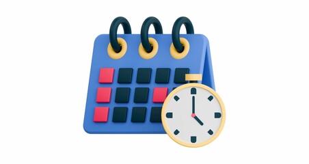 3D rendered calendar with red marked dates and a clock. 