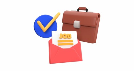 3D rendered briefcase, a job application envelope, and a blue checkmark.