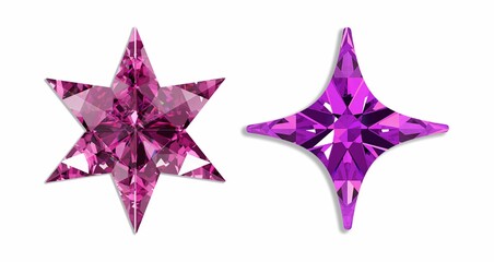 3D rendered crystal stars in pink and purple, showcasing intricate facets. 