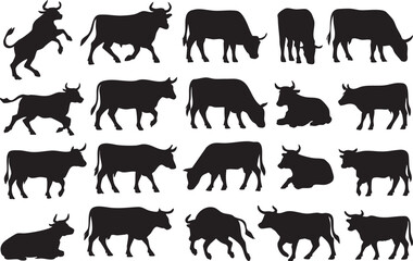 Various silhouettes of cows showcasing different poses and actions in a creative black-and-white design
