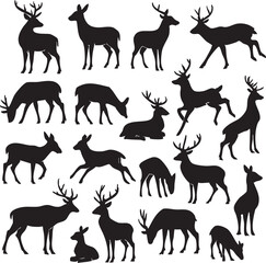 Variety of deer silhouettes in different poses set against a plain background for illustrative purposes