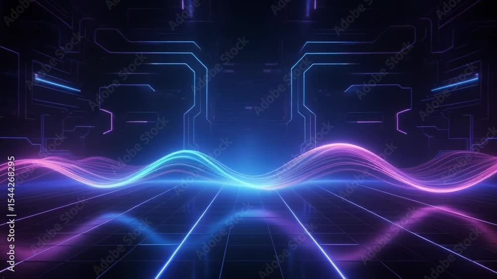 Poster futuristic digital landscape with glowing neon lines, abstract light waves, and grid patterns in hig