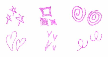 A collection of playful 3D rendered pink crayon-style doodles, including stars, squares, hearts, and spirals.