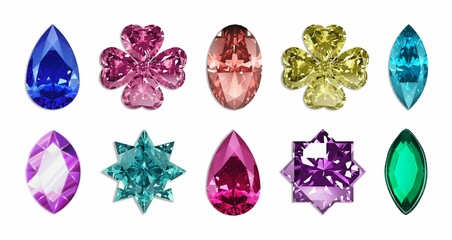 A collection of sparkling 3D rendered faceted gemstones in various colors and cuts.