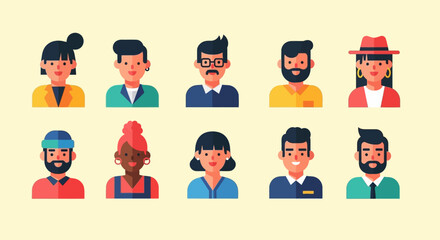 Ten Diverse Flat-Style Character Icons: Smiling Men and Women with Varied Hairstyles, Attire, and Accessories