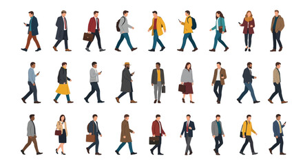 Diverse Group of People Walking in Various Styles and Attire, Isolated
