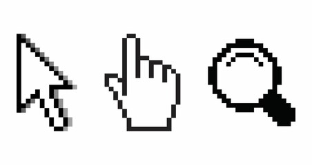 Three distinct pixelated mouse cursors: an arrow, a hand pointing, and a magnifying glass. 