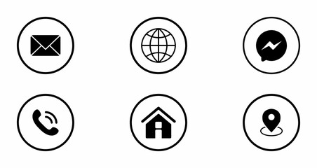 A collection of essential black outline contact icons in circles: mail, globe, chat, phone, home, and location pin. 